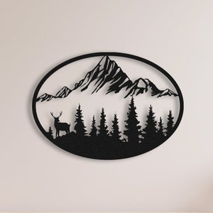 Decorazione da parete in metallo, decorazione da parete in metallo con montagne, arte da parete in metallo con alci e montagne, arte in metallo con linee, arte naturale per la casa, decorazione in metallo con montagne e natura