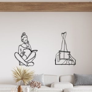 Metal Wall Decor, Metal Women Reading Book Wall Decor, Metal Line Art, Metal Library Wall Decor, Line Wall Art, Housewarming Gift,Book Decor