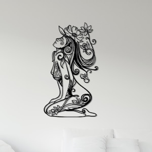 Metal Wall Decor, Metal Women Wall Decor, Line Wall  Art, Flower Haired Women, Metal Wall Art , Naked Women Body, Sitting Woman Decor