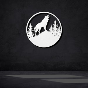 May include: White metal wall art featuring a wolf howling at the moon with a forest silhouette in the background.