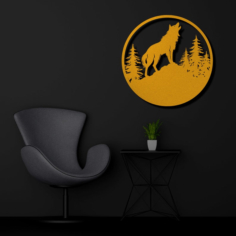 May include: A gold-colored wooden wall decor featuring a silhouette of a wolf howling at the moon with trees in the background.
