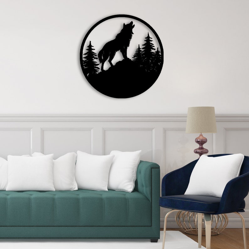 May include: Black metal wall art featuring a silhouette of a wolf howling at the moon with trees in the background.
