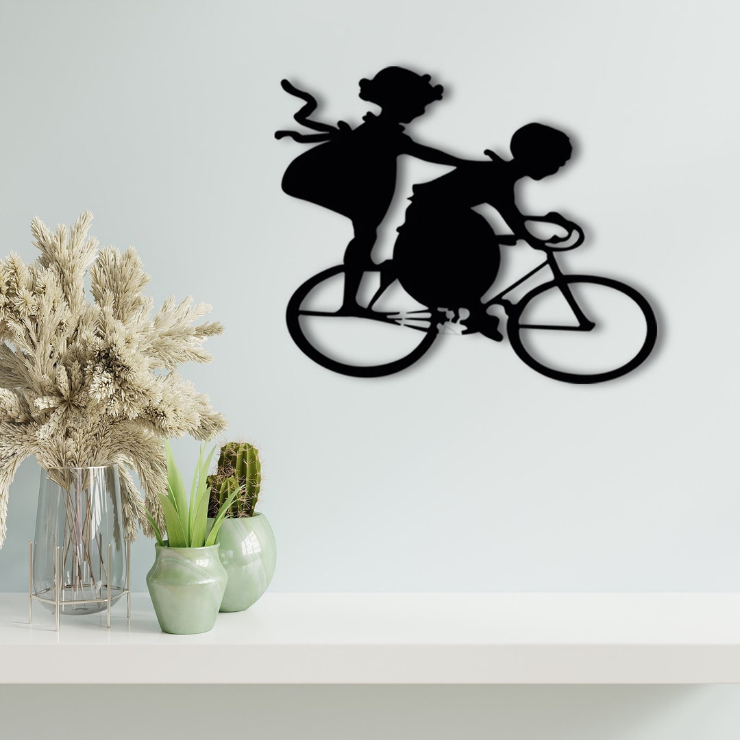 Bike Model Silhouette Large Metal Wall Art, Bike Ride Mother and Child