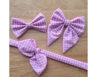 PINK PLAID bow tie and sailor bow for cat & dog |  With collar or over collar styles. Handmade in Canada.