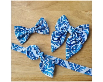 BLUE/WHITE PATTERNED bow tie and sailor bow for cat & dog |  With collar or over collar styles. Handmade in Canada.