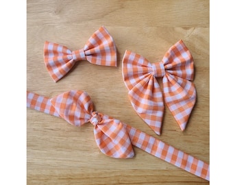 ORANGE PLAID bow tie and sailor bow for cat & dog |  With collar or over collar styles. Handmade in Canada.