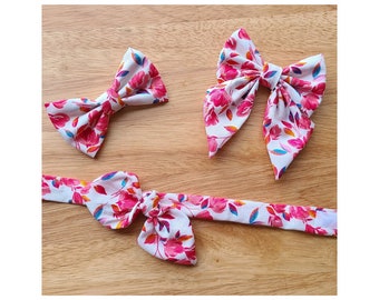 PINK FLORAL bow tie and sailor bow for cat & dog |  With collar or over collar styles. Handmade in Canada.
