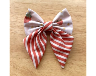 STRIPED STRAWBERRY sailor bow tie for cat & dog |  With collar or over collar styles. Handmade in Canada. Pet collar accessory.