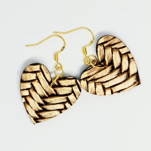Woven Style Vegan Faux Leather Hanging Heart Earrings in Gold, Silver or Blue