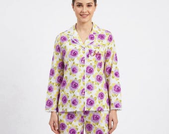 Cotton Print Pajama Set, Embroidered Bridesmaid PJs