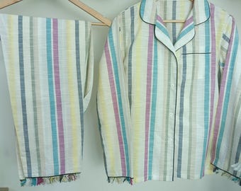 Bawełniany komplet piżamowy w paski, haftowana piżama dla druhen