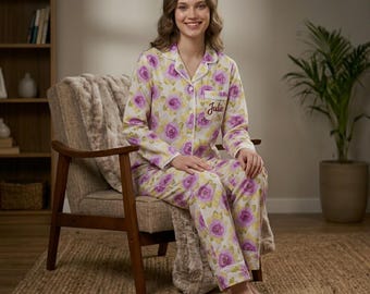 Geborduurde pyjamabroek voor bruidsmeisjes, katoenen pyjamaset,