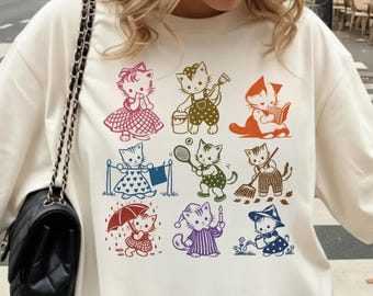 Cat 90s Vintage Tattoo Style Shirt, Retro Kitten Cute Shirt, Cat Lovers Gift, Cat Mom Shirt, Cats Playing Adult Graphic Tee, Adult Pet Shirt