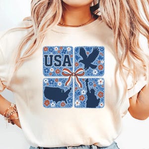 Comfort Colors® Coquette Bow 4th of July Shirt,Floral USA Flag Shirt,Floral American Bow Shirt,Coquette Patriotic Shirt,Independence Day Tee