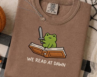 Bookish Funny Frog Reading Faux Patchwork Shirt, We Read At Dawn Frog Tee, Weirdcore Frog, English Teacher Librarian Tee, Frog Lover Gift