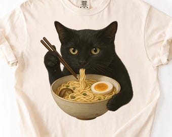 Comfort Colors® Cat Rahmen T-shirt, Cat Eating Ramen Funny Shirt, Graphic Tee for Cat Lovers, Vintage Kitty Tee, Cool Casual Cat Print Shirt