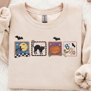 Retro-Halloween-Sweatshirt, Halloween-Kürbis-Geist-Shirt im Patchwork-Stil, Halloween-Schwarze-Katze, Vintage-Grusel-T-Shirt, Herbst-Boo-Crew-T-Shirt