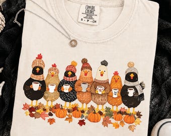 Humorous Fall Chickens Coffee Shirt, Cozy Autumn Chicken Tee, Farmhouse Fall Pumpkin Shirt, Chicken Lover Gift, Women's Autumn Graphic Tee