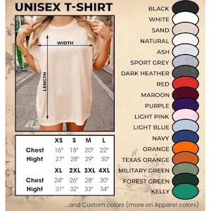 May include: A unisex t-shirt in a natural color is shown, with a size chart and color options. The chart lists chest and height measurements in inches for sizes XS to 4XL. Color options include black, white, and navy.