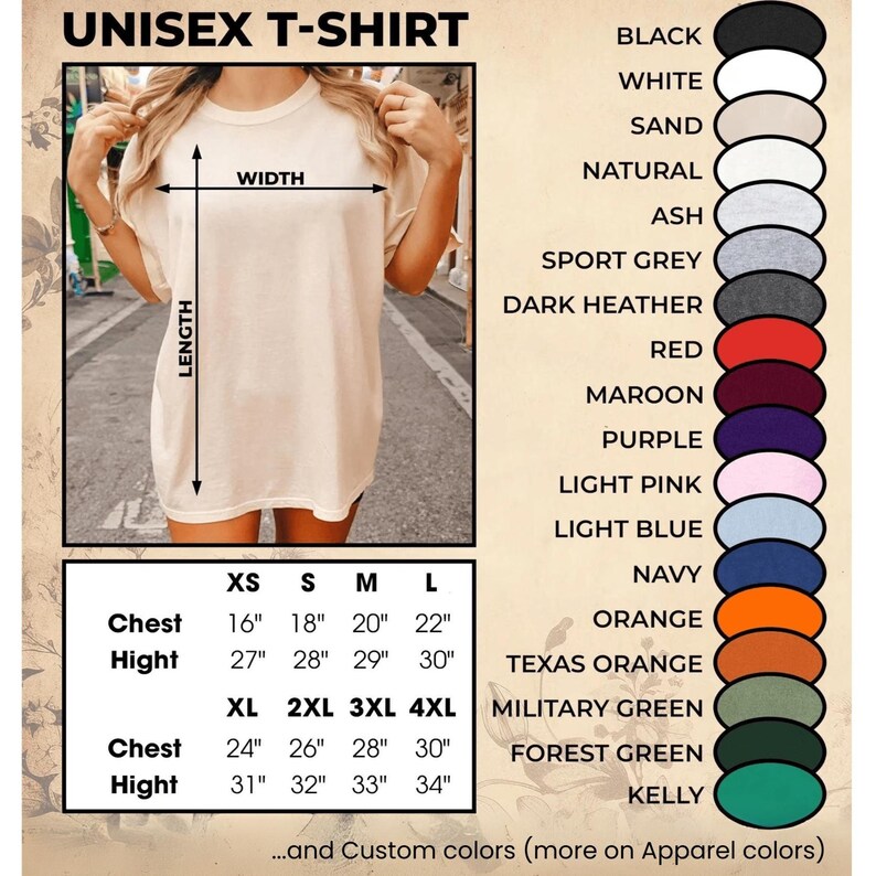May include: A unisex t-shirt in a natural color is shown, with a size chart and color options. The chart lists chest and height measurements in inches for sizes XS to 4XL. Color options include black, white, and navy.