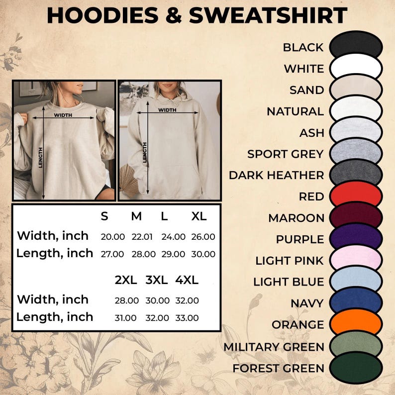 May include: Image showcasing a selection of hoodies and sweatshirts. The image includes size charts with measurements in inches, and a color palette featuring options like black, white, and navy. The product is displayed on models.