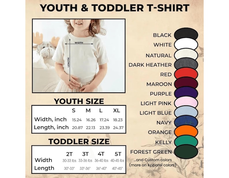 May include: A product image showing a white youth t-shirt with size and color options. The shirt's width ranges from 15.24 to 18.23 inches, and the length is between 20.87 and 24.37 inches. Color options include black, white, and navy.