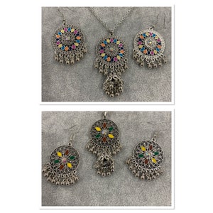 Boho indian ethnic multi coloured jhumka necklace & earring set