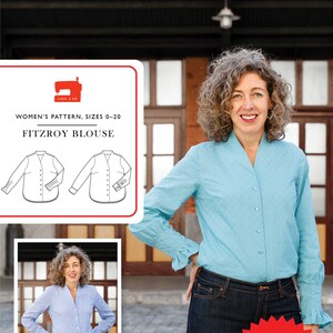 May include: A sewing pattern for a women's blouse called the Fitzroy Blouse. The pattern includes sizes 0-20 and cup sizes A/B, C+D. The pattern is illustrated with a line drawing of the blouse and a photo of a woman wearing the blouse.