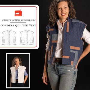 May include: A sewing pattern for a Condesa Quilted Vest by Liesl + Co, available in sizes XXS-XXL. The pattern includes illustrations of two vest styles with button fronts and pockets. A vest with a blue patchwork design is also shown.