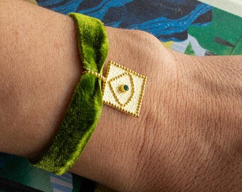 Auge Charm Armband | 925 Sterling Silber 18 K Vergoldet Einstellbare Grün Samt Talisman Armband | Grüner Turmalin Charm Anhänger