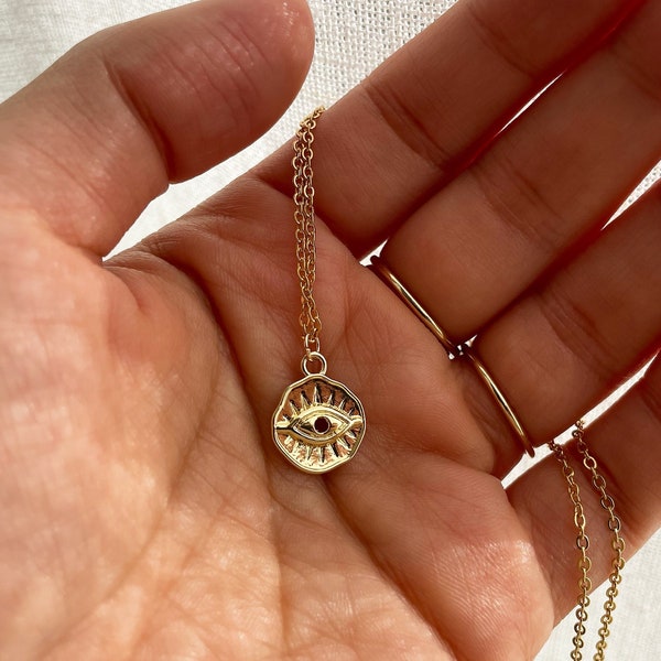 Dainty Gold Evil Eye Necklace | Minimal Evil Eye Necklace | Coin Charm | Stainless Steel Necklace | Evil Eye Jewellery | OKO