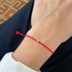 Dainty 14K Gold Plated 925 Sterling Silver Beaded Red Silk String Bracelet | String of Fate Adjustable Cord | Protection Kabbalah Bracelet