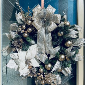 Glam Christmas Wreath with Velvet Poinsettia and Champagne Gold Bow