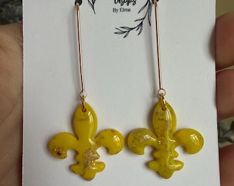 Bosnian Fleur de Lis Earrings, Bosnia Jewelry, Handmade Bosnian Earrings, World Cup Fan Jewelry, Yellow Gold Dangle Earrings