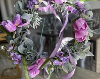 Guirlanda de porta de primavera/verão com lavanda e tulipas