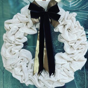 Burlap Wreath with Elegant Bow in Black Velvet and Gold
