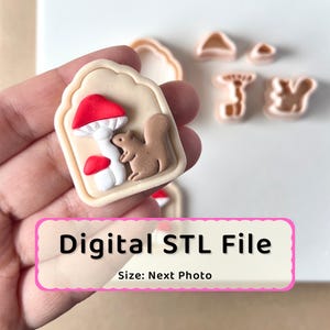May include: A beige-colored, rectangular mold with a red-capped mushroom and a brown squirrel. The mold is held in a hand. The text "Digital STL File" is displayed in a pink box, with the text "Size: Next Photo" below it.