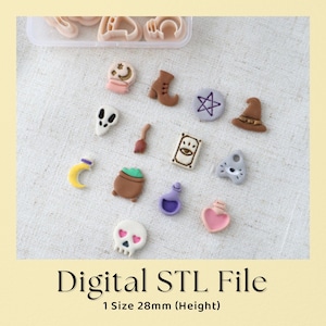 May include: A collection of small, themed charms including a crystal ball, boot, pentagram, witch hat, skull, broom, tarot card, crescent moon, cauldron, potion bottle, and heart. These digital STL files measure 28mm in height for 3D printing.