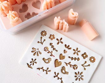 Resin folk art bird flower heart Stamps set Clay Texture Tools