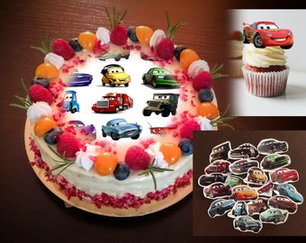 Adorno para tarta con foto de papel comestible precortado e impreso, sin gluten, sin lactosa, Cars, dibujos animados, Rayo McQueen, cumpleaños para niños