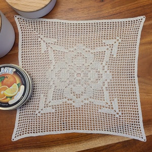 11 inch Doily / Handmade crocheted framed square cotton doily, approx. 11 inch (28 cm), beige color, frame 13 x 17 inch / wall decor
