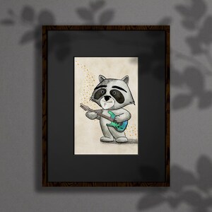 Impression d'art A4 ou carte postale "Guitar Raccoon"