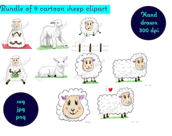 9 paquete de imágenes prediseñadas de ovejas de dibujos animados. Clipart para niños, clipart de oveja divertida, clipart de animales lindos, arte de animales de granja