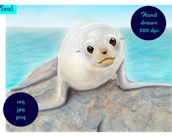 Linda pintura digital de un sello. Arte de pared de sello. Predispar el sello. Clipart de sello de dibujos animados. Arte mural para niños. Dibujo de sellos.