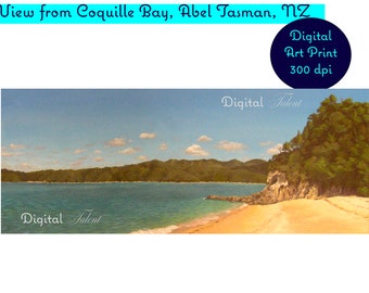 Hermosa impresión de arte digital de la vista desde Coquille Bay, Abel Tasman, Nueva Zelanda. Descarga digital.