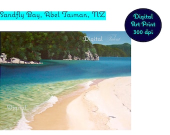Hermosa impresión artística digital de Sandfly Bay, Abel Tasman, Nueva Zelanda.