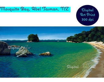 Hermosa impresión de arte digital. Mosquito Bay, Abel Tasman, Nueva Zelanda. Solo descarga digital.