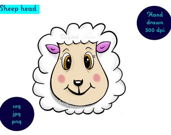 Lindo, dibujado a mano, clipart de dibujos animados de la cabeza de una oveja. xvg, jpg, png.