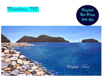 Magnífica representación de Marahau, impresión de arte digital de Nueva Zelanda para descargar.
