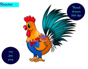 Super Lindo gallo de dibujos animados dibujados a mano. svg, dfx, jpg, png, descarga digital para imágenes prediseñadas, arte mural o impresión en una camiseta